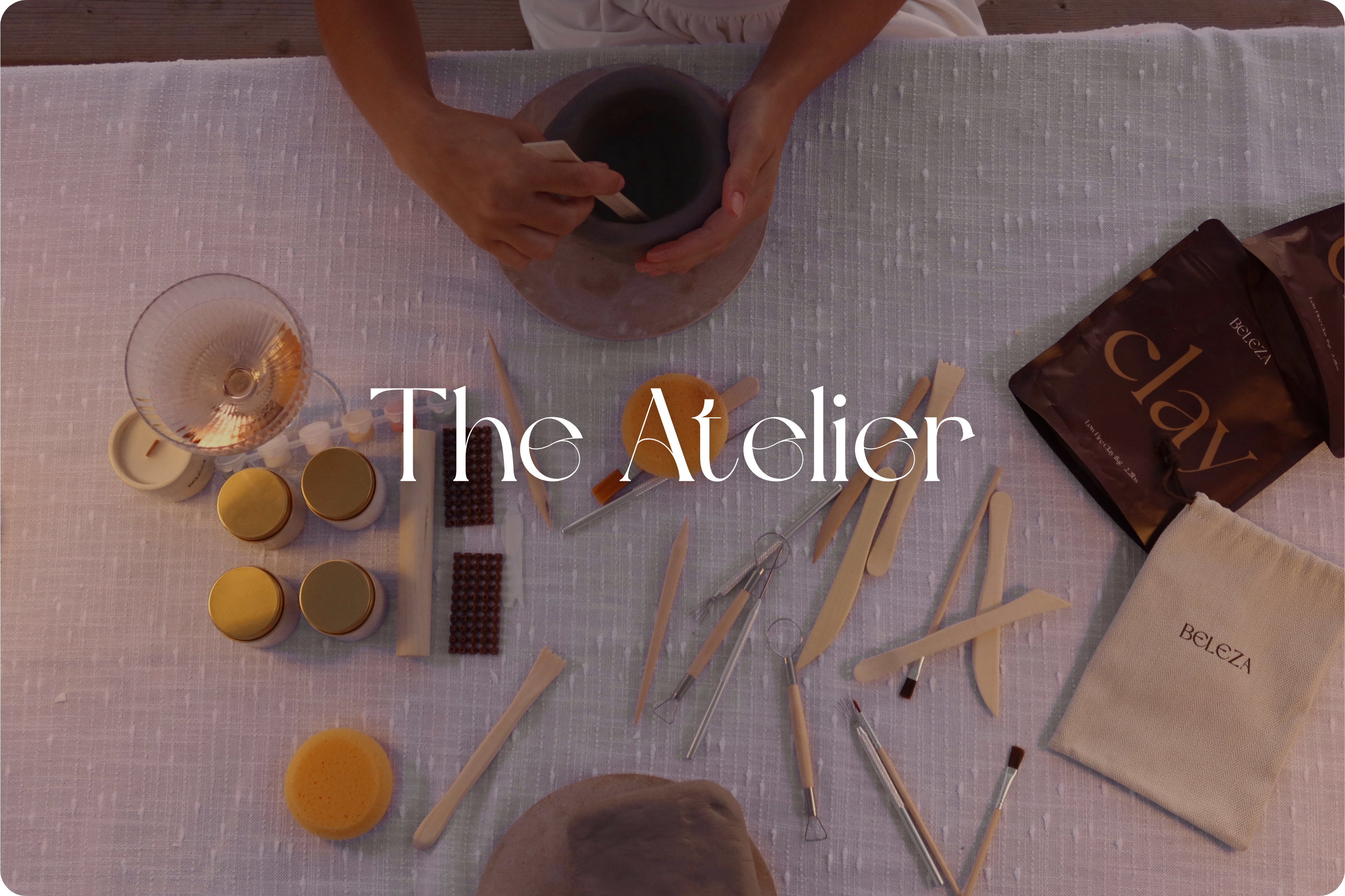 Pottery being done on a table top with Beleza tools and kit components.